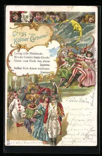 Lithographie Szenen vom Kölner Carneval mit verkleideten Menschen