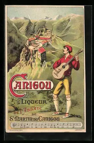 Künstler-AK Sänger mit Gitarre vor Bergdorf, Reklame für Canigou Liqueur