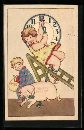 Künstler-AK Kinder mit Schwein und Glücksklee
