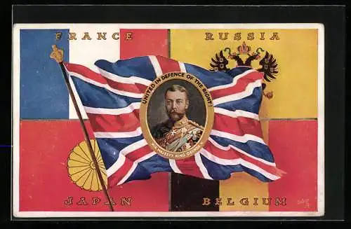 AK King George V., Union Jack, Flags of France, Russia, Japan and Belgium