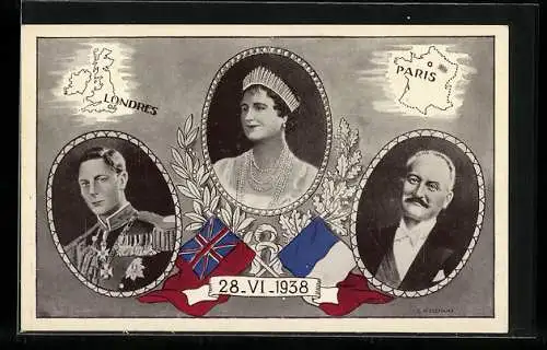 AK Kinge George VI., Queen Elizabeth Bowes-Lyon, Président Albert Lebrun