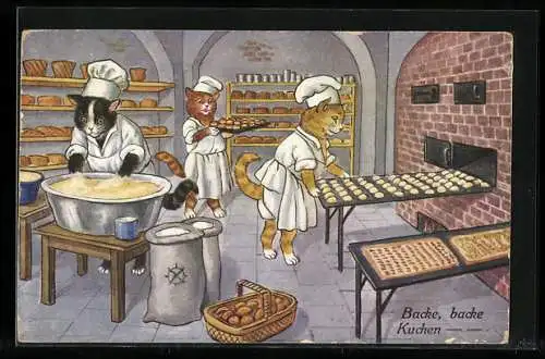 Künstler-AK Drei vermenschlichte Katzenals Bäcker beim Backen
