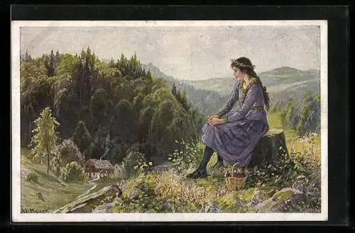 Künstler-AK Alfred Mailick: Erika, Frau in der Berglandschaft