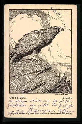 Künstler-AK Steinadler auf einem Felsen, Otto Fikentscher