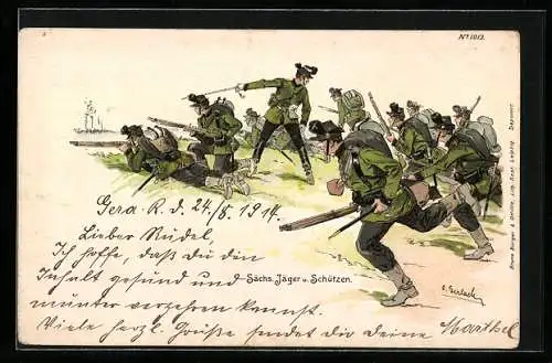 Lithographie Sächs. Jäger und Schützen in Uniform an der Front