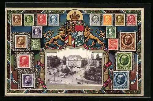 AK München, Stachus, Bayerisches Wappen und Briefmarken Bayerns, Strassenbahn