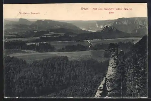 AK Hohenstein, Brand /Sächs. Schweiz, Blick vom Brandhotel mit Bärenstein-Rauenstein und Bastei