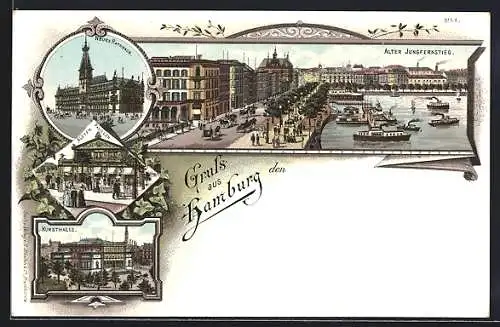 Lithographie Hamburg-Neustadt, Restaurant Alsterpavillon, Kunsthalle, Alter Jungfernstieg mit Dampfer