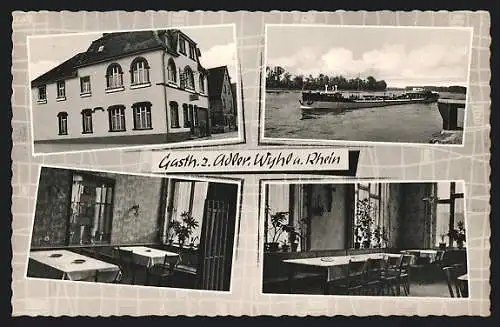 AK Wyhl am Rhein, Gasthaus zum Adler H. König mit Innenansichten, Frachtschiff