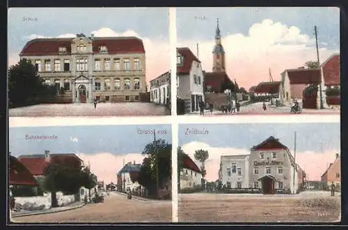 AK Zeithain, Bahnhofstrasse, Gasthof Stern, Schule, Ortspartie