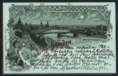 Mondschein-Lithographie Dresden, Neue Carola-Brücke mit Stadtansicht und Strasse, Engel mit Wappen