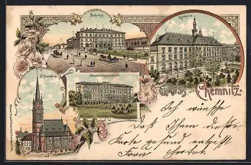 Lithographie Chemnitz, Bahnhof, Rathaus, St. Nicolaikirche, Staatslehranstalt
