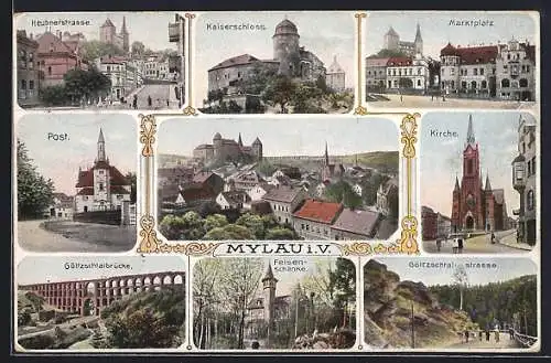 AK Mylau i. V., Gasthaus Felsenschänke, Kirche, Kaiserschloss