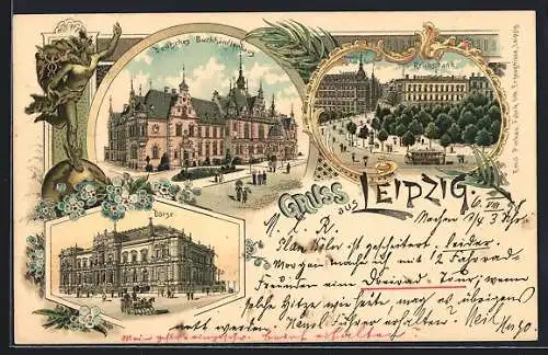 Lithographie Leipzig, Geschäftshaus Polich u. Reichsbank mit Strassenbahn, Deutsches Buchhändlerhaus, Börse