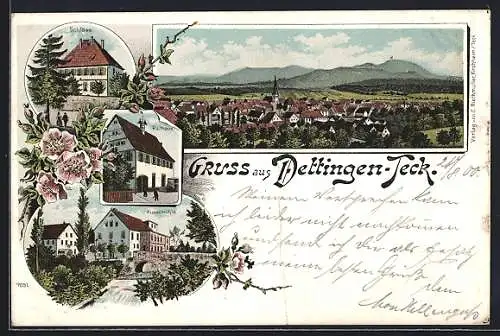 Lithographie Dettingen /Teck, Kunstmühlen-Partie mit Brücke und Wehr, Schloss, Rathaus, Gesamtansicht