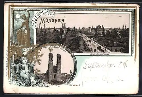 Lithographie München-Au, Maximilians-Brücke, Frauenkirche