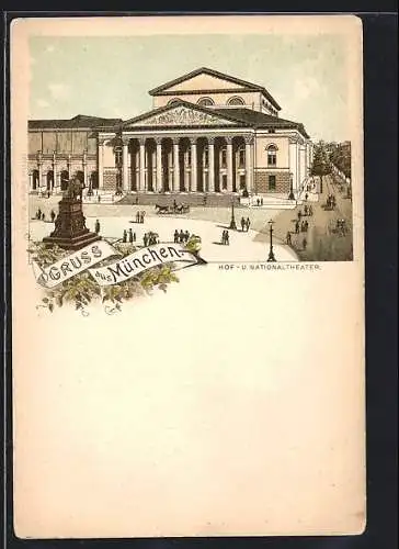 Lithographie München, Hof- u. Nationaltheater mit Denkmal und Strasse