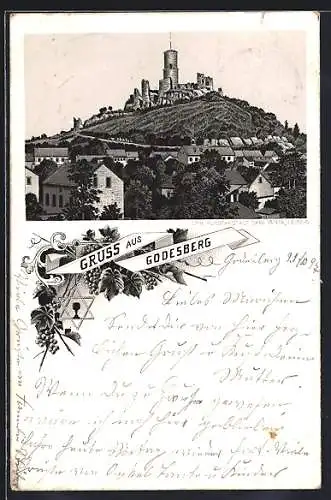 Lithographie Godesberg, Teilansicht mit Blick auf die Burg, Weintrauben, Sechseckiger Stern