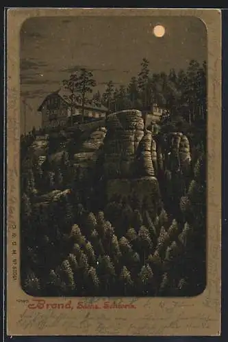 Lithographie Hohnstein / Sächs. Schweiz, Gasthaus Brand