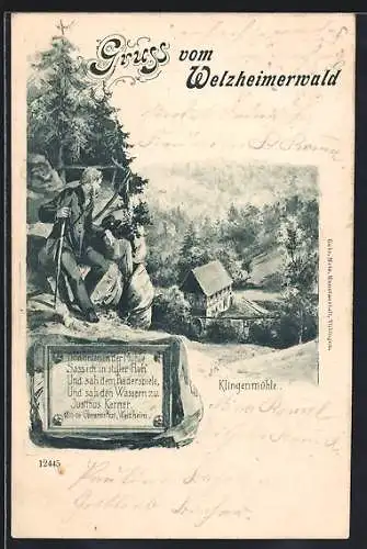 AK Welzheim, Blick auf Gasthaus Klingenmühle mit Wanderer auf einer Anhöhe