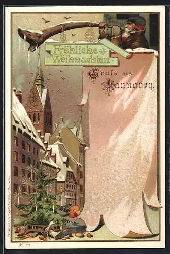 Lithographie Hannover, Winterliche Häuserpartie mit Kirchturm, Christbaum und Turmbläser, Weihnachtsgruss