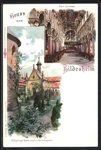 Lithographie Hildesheim, 1000 jähriger Rosenstock & Annenkapelle, Dom, Innenansicht