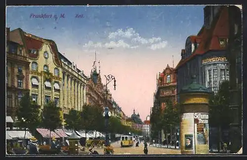 AK Frankfurt a. M., Strassenbahn und Markt auf der Zeil