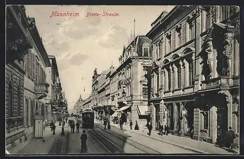 AK Mannheim, Strassenbahn in der Breite-Strasse