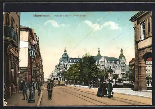 AK Mannheim, Strassenbahn am Paradeplatz, Breitestrasse