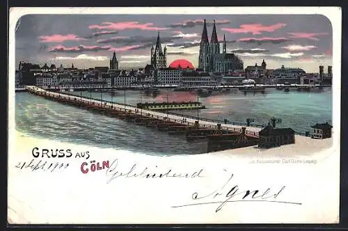 Lithographie Köln, Panorama mit Schiffbrücke und roter Sonnen