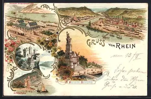 Lithographie Bingen / Rhein, Bahnhof, Nationaldenkmal, Rhein mit Dampfschiffen