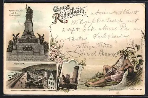 Lithographie Rüdesheim / Rhein, Nationaldenkmal auf dem Niederwald, Ruine Ehrenfels, Promenade