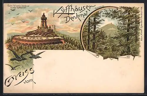 Lithographie Kyffhäuser, Kaiser-Wilhelm-Denkmal, Rothenburg