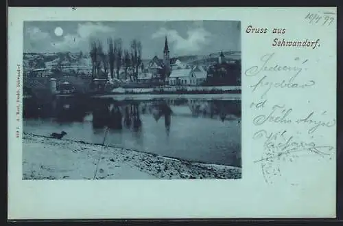 Mondschein-AK Schwandorf / Bayern, Uferpartie mit Kirche im Winter