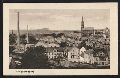 AK Münchberg / Obfr., Teilansicht mit Fabrik und Kirche aus der Vogelschau