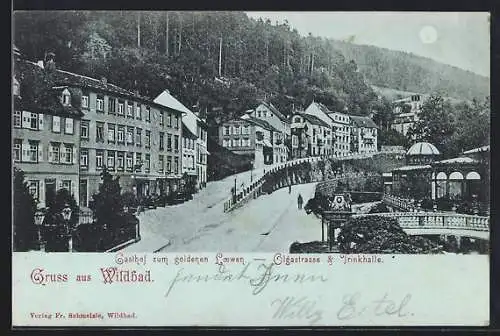 Mondschein-AK Wildbad / Schwarzwald, Gasthof zum goldenen Loewen, Olgastrasse und Trinkhalle