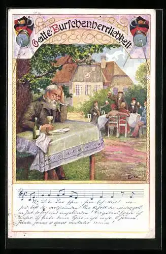 Künstler-AK Alter Mann mit einem Glas Wein, daneben die Burschenschaft beim Feiern