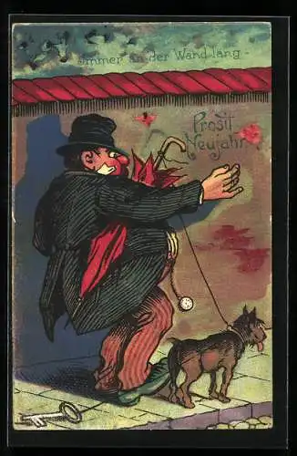 Künstler-AK Betrunkener mit Hund stützt sich an eine Wand, Prosit Neujahr