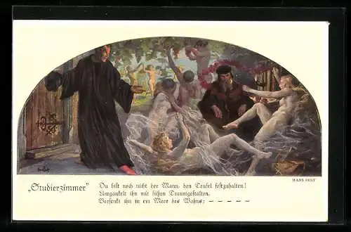 Künstler-AK Studierzimmer, Mann umgeben von Traumgestalten