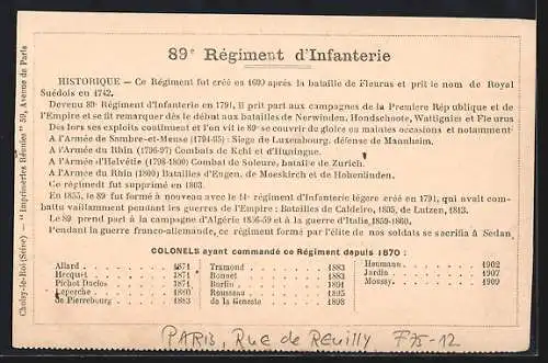 AK Paris, 89e Régiment d`Infanterie, La Caserne, Rue de Reuilly