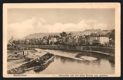 AK Saarbrücken, Saarpartie von der alten Brücke aus gesehen