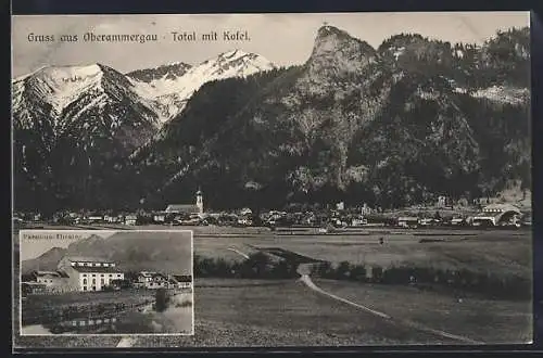 AK Oberammergau, Totalansicht mit Kofel und Notspitze, Flusspartie mit Passionstheater