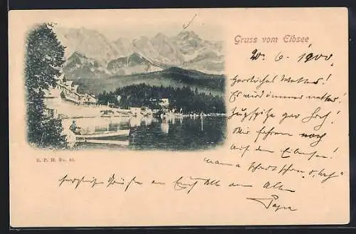 AK Eibsee, Uferpartie mit Bergen und Boot