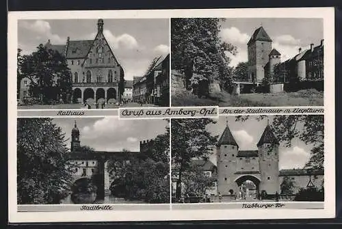 AK Amberg-Opf., Rathaus, An der Stadtmauer mit Ziegelturm, Nabburger Tor