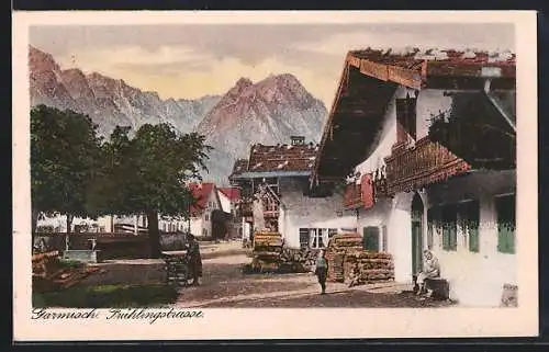 AK Garmisch, Frühlingstrasse mit Bergen