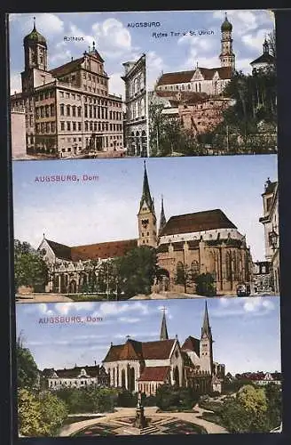 AK Augsburg, Dom, Rotes Tor und Kirche St. Ulrich, Rathaus