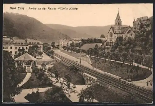 AK Bad Ems, Kaiser Wilhelm-Kirche mit Bahngleis