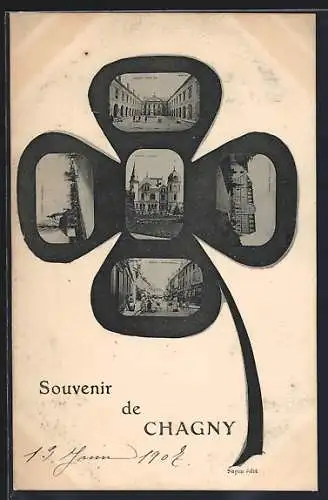 AK Chagny, Le Château, Hôtel de Ville, Rue de la République, Kleeblatt, Passepartout