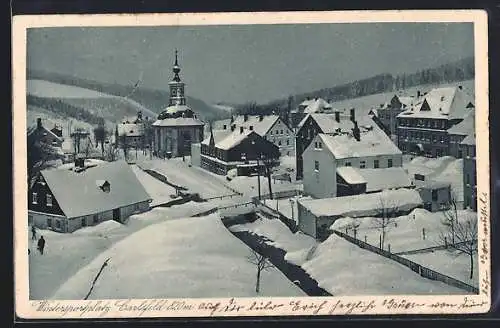 AK Carlsfeld / Erzg., Blick über die winterlich verschneiten Dächer