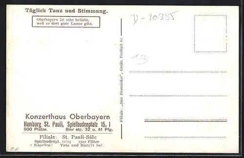 Künstler-AK Hamburg-St. Pauli, ausgelassene Stimmung in Meyer`s lustigen Oberbayern, Spielbudenplatz 15